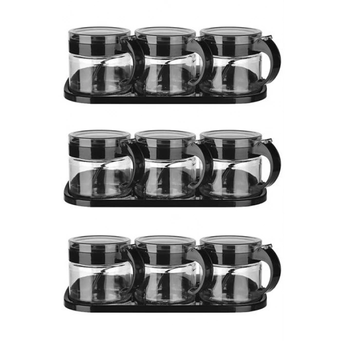 TUFEYO  Siyah 3lü Standlı Kapaklı Kaşıklı Cam Hava Sızdırmaz Baharatlık Takımı KC-386