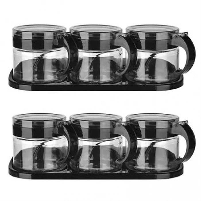 TUFEYO  Siyah 3lü Standlı Kapaklı Kaşıklı Cam Hava Sızdırmaz Baharatlık Takımı KC-386