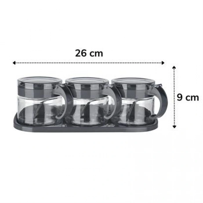 TUFEYO  Siyah 3lü Standlı Kapaklı Kaşıklı Cam Hava Sızdırmaz Baharatlık Takımı KC-386