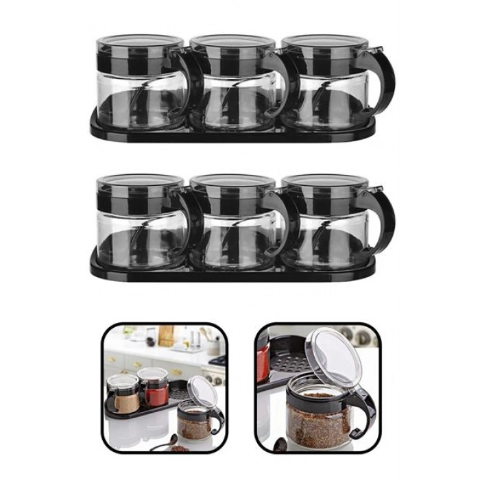 TUFEYO  Siyah 3lü Standlı Kapaklı Kaşıklı Cam Hava Sızdırmaz Baharatlık Takımı KC-386