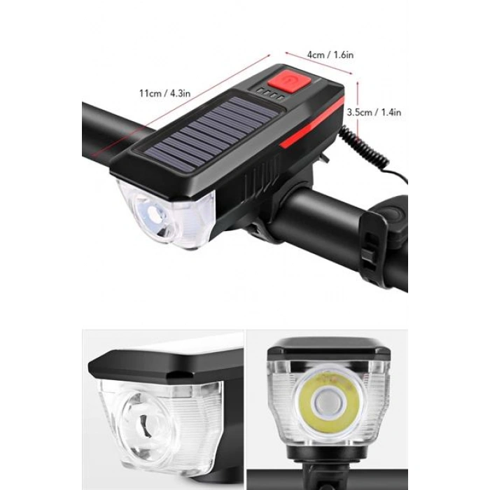 TUFEYO Solar Enerjili USB ile Şarj Edilebilir Ledli Bisiklet Feneri Kornalı ve Su Geçirmez Far