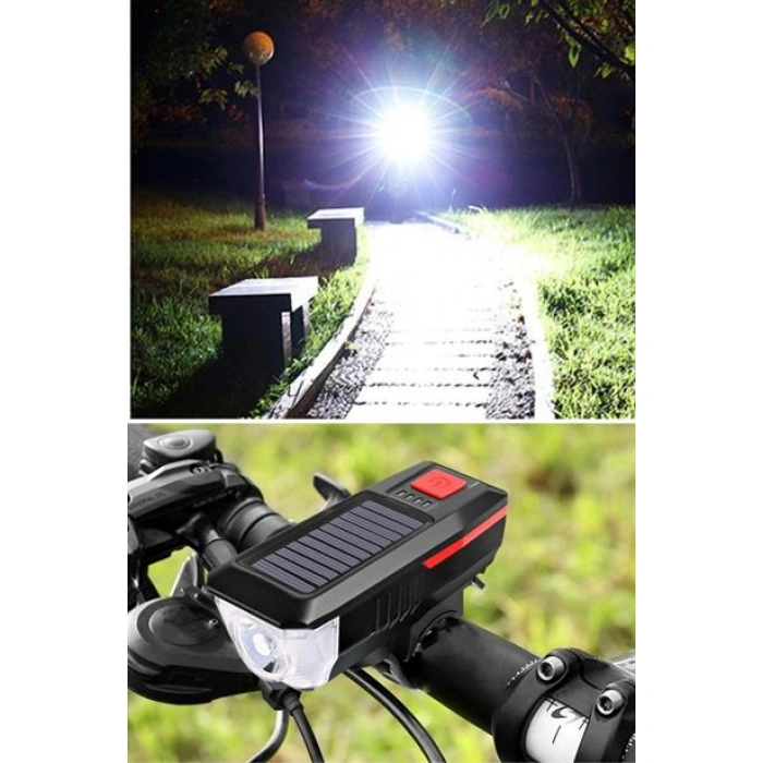 TUFEYO Solar Enerjili USB ile Şarj Edilebilir Ledli Bisiklet Feneri Kornalı ve Su Geçirmez Far