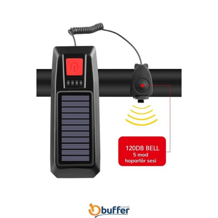 TUFEYO Solar Enerjili USB ile Şarj Edilebilir Ledli Bisiklet Feneri Kornalı ve Su Geçirmez Far