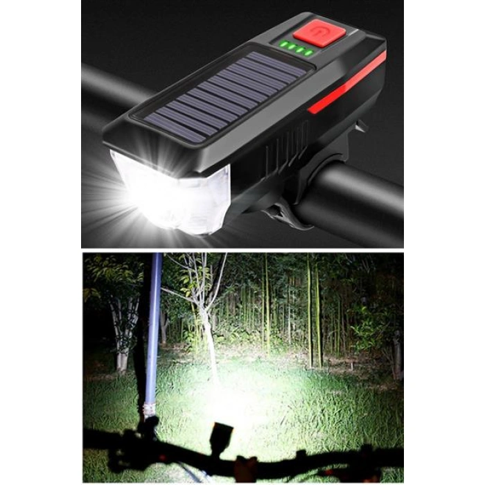 TUFEYO Solar Enerjili USB ile Şarj Edilebilir Ledli Bisiklet Feneri Kornalı ve Su Geçirmez Far