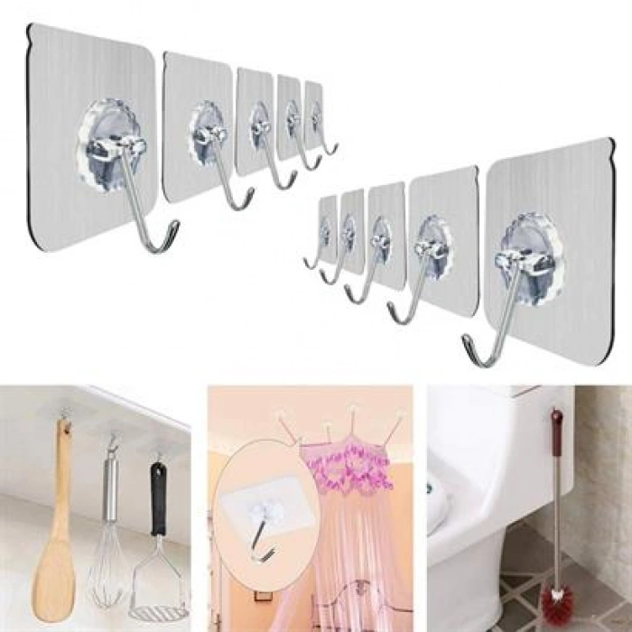 TUFEYO Süper Güçlü Yapışkanlı Suya Dayanıklı Şeffaf Askı 5li Set Yeniden Kullanılabilir Kancalar