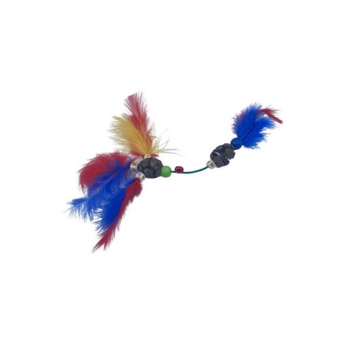 TUFEYO Tüylü Tahta Boncuklu Zilli Kedi Oyuncağı Çok Renkli Kedi Oyuncak