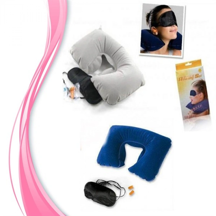 TUFEYO Üçlü Seyahat Seti Şişme Yastık Göz Bandı Kulak Tıkacı