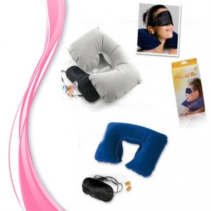 TUFEYO Üçlü Seyahat Seti Şişme Yastık Göz Bandı Kulak Tıkacı