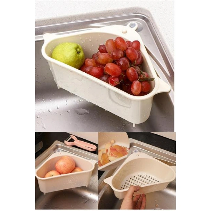 TUFEYO Vantuzlu Üçgen Sebze Meyve  Lavabo Raf Evye Süzgeç Sünger Tutucu Düzenleyici Mutfak Organize