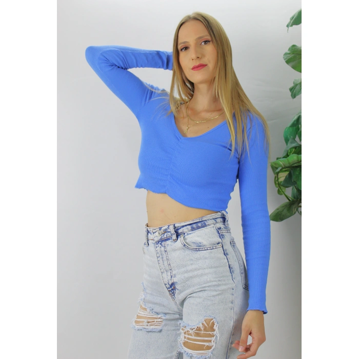 Büzgülü Fitilli Bluz Mavi  - 94574
