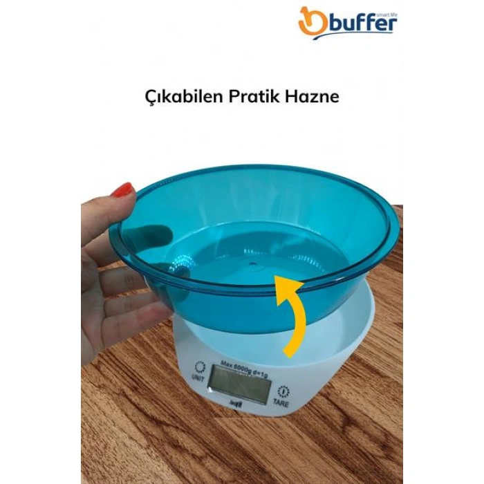 Buffer TF 1003 Hazneli Lcd Ekran Hassas Ölçüm Sensörlü 5 Kg Kapasite Dijital Mutfak Terazisi Tartısı