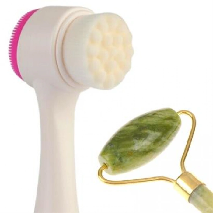 TUFEYO 2li Set Çift Taraflı Cilt Temizleme Fırçası ve Yeşim Taşı Çift Taraflı Cilt Masaj Aleti