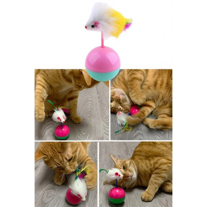 TUFEYO Kedi Oyun Topu Tüylü Fareli Hacı Yatmaz Eğitici Yavru Kedi Fare Kovalama Oyuncağı