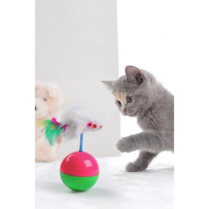 TUFEYO Kedi Oyun Topu Tüylü Fareli Hacı Yatmaz Eğitici Yavru Kedi Fare Kovalama Oyuncağı
