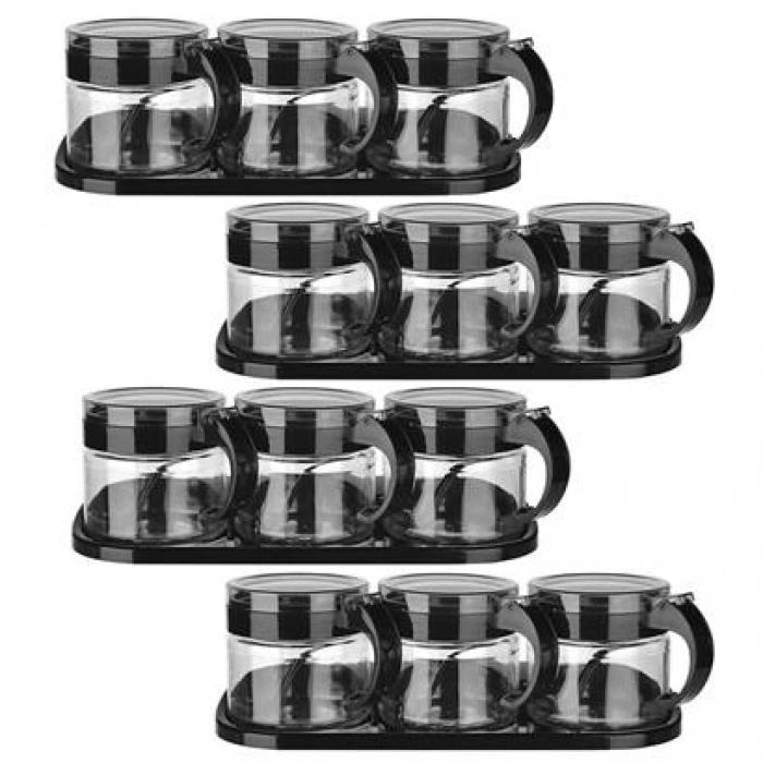 TUFEYO  Siyah 3lü Standlı Kapaklı Kaşıklı Cam Hava Sızdırmaz Baharatlık Takımı KC-386