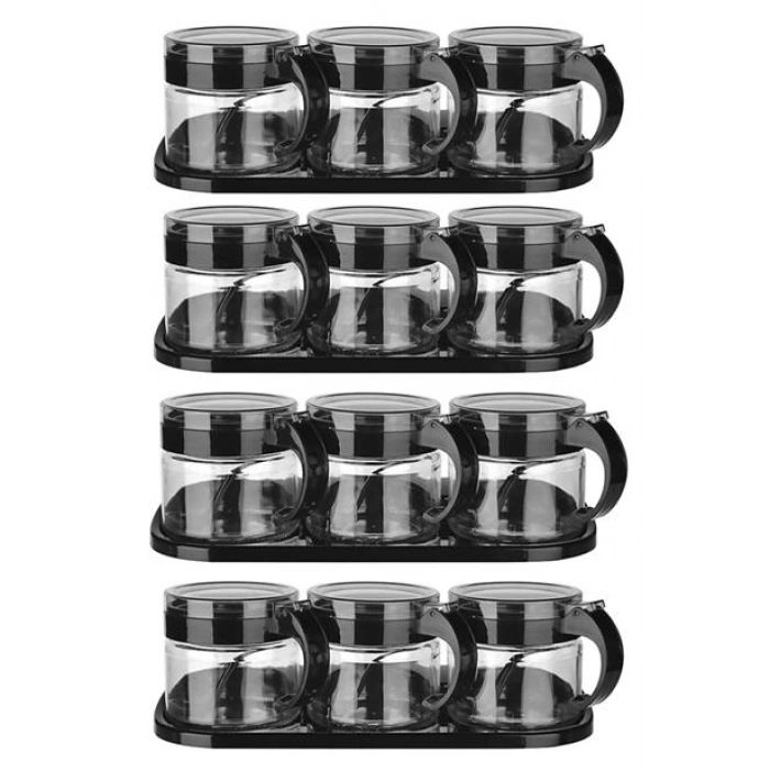 TUFEYO  Siyah 3lü Standlı Kapaklı Kaşıklı Cam Hava Sızdırmaz Baharatlık Takımı KC-386