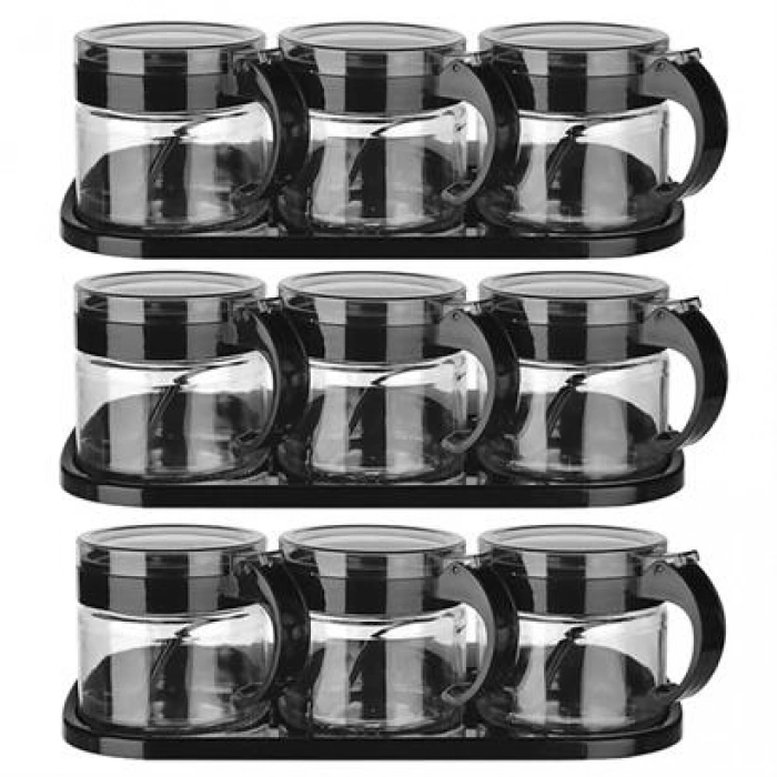 TUFEYO  Siyah 3lü Standlı Kapaklı Kaşıklı Cam Hava Sızdırmaz Baharatlık Takımı KC-386