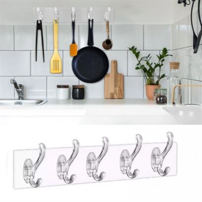 TUFEYO 5li Güçlü Yapışkanlı Şeffaf Duvar Askısı Banyo Mutfak Düzenleyici Pratik Askılık