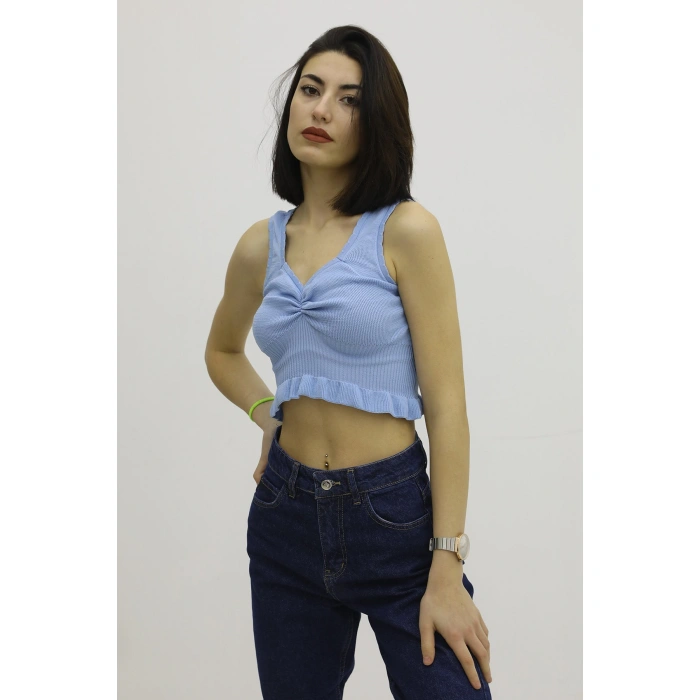 Bel Lastikli Triko Bluz Mavi - P-019708