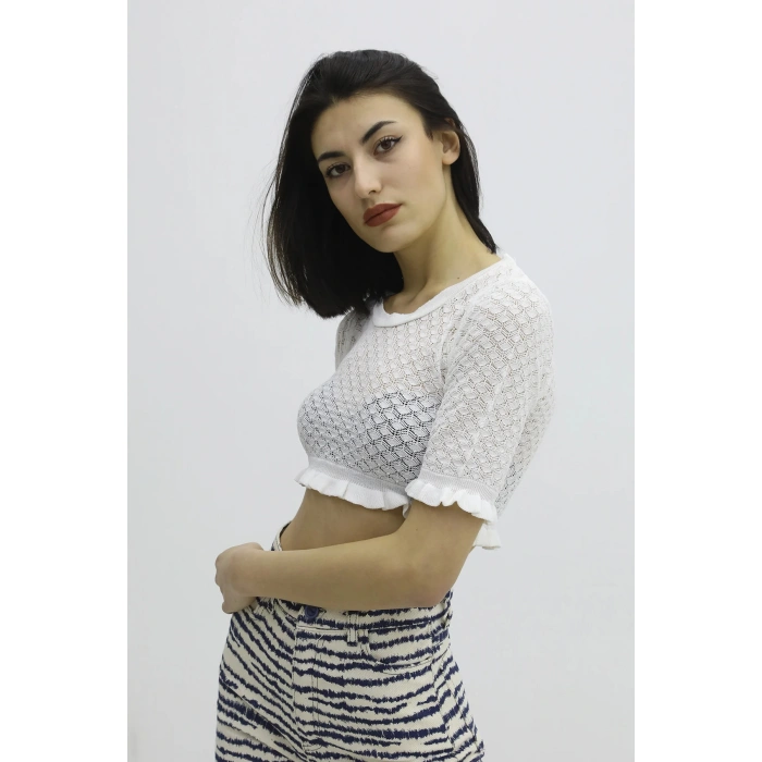 Bel Lastikli Triko Bluz - P-019803EKRU