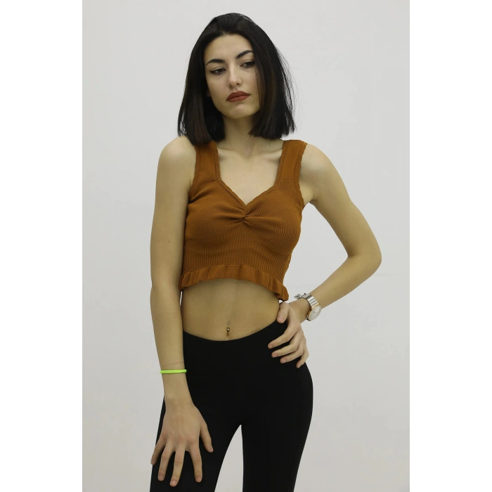 Bel Lastikli Triko Bluz Taba - P-019708