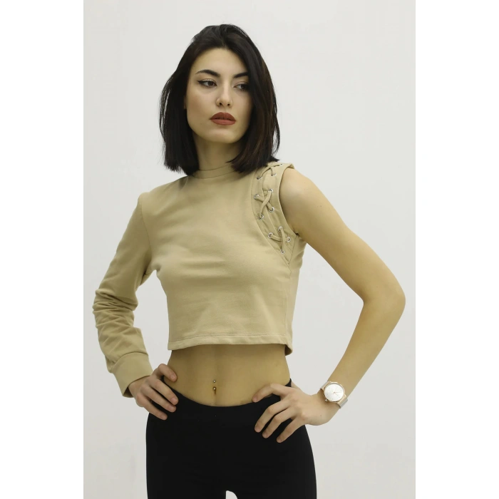 Bisiklet Yaka Tek Kol Bluz Vizon - P-019678