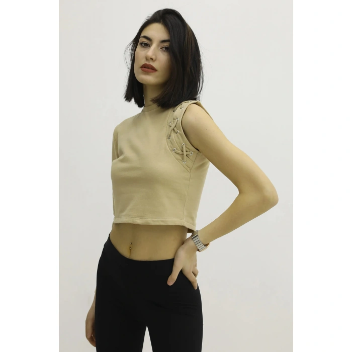 Bisiklet Yaka Tek Kol Bluz Vizon - P-019678