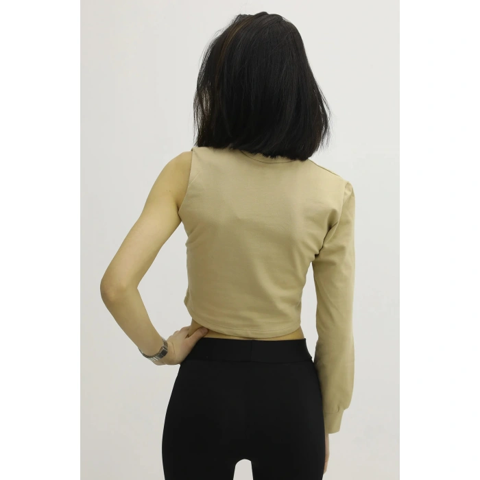 Bisiklet Yaka Tek Kol Bluz Vizon - P-019678