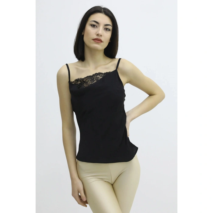 İp Askılı Dantel İşlemeli Bluz Siyah - P-019808