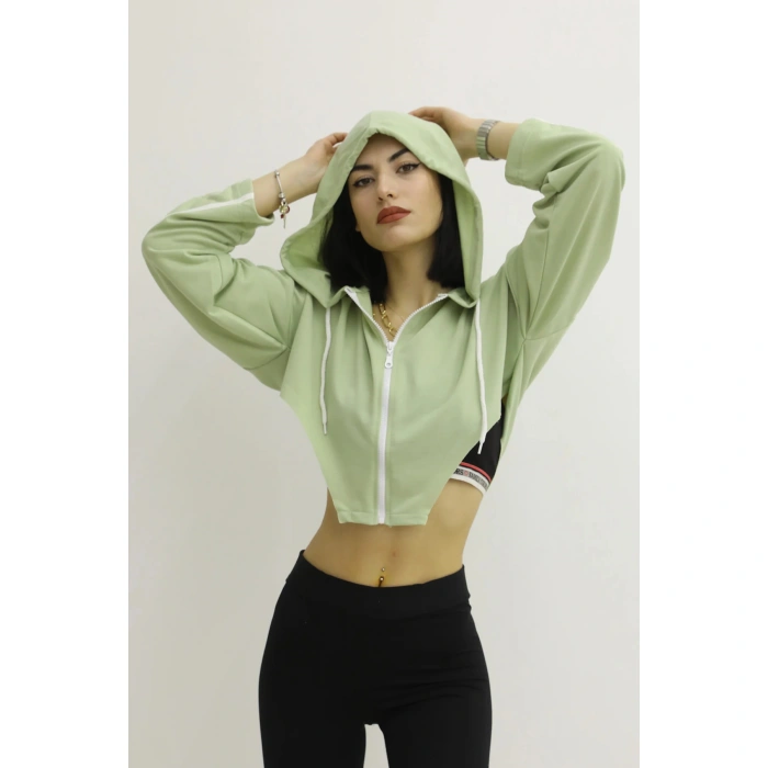 Kapşonlu Yan Dekolteli Sweat Yeşil - P-019669