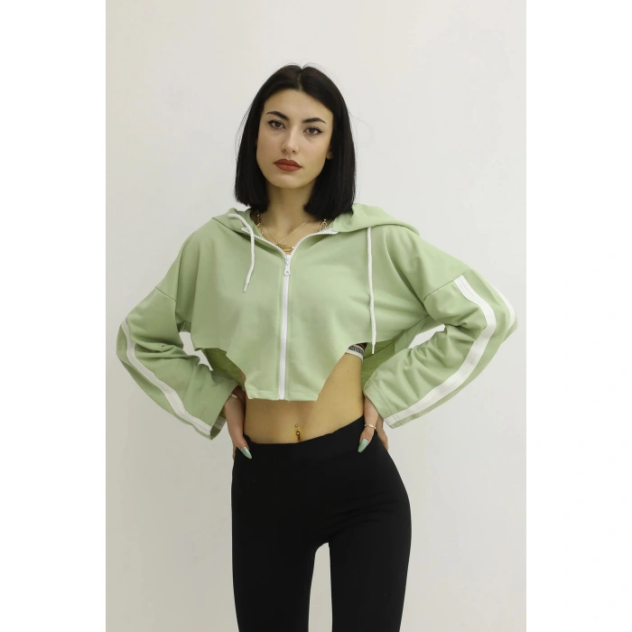 Kapşonlu Yan Dekolteli Sweat Yeşil - P-019669