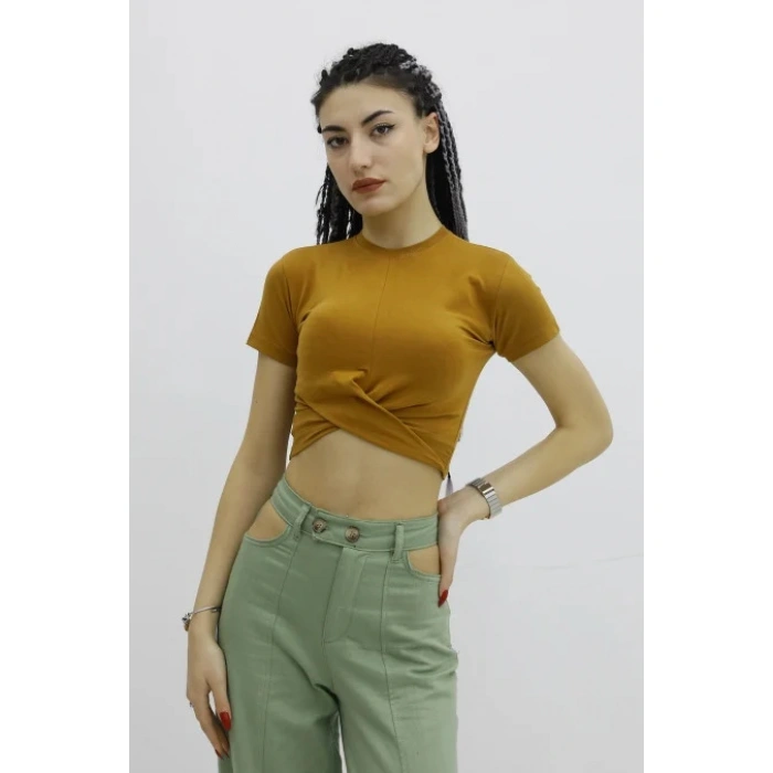 Önü Büzgülü Bisiklet Yaka Tshirt Taba - P-019963