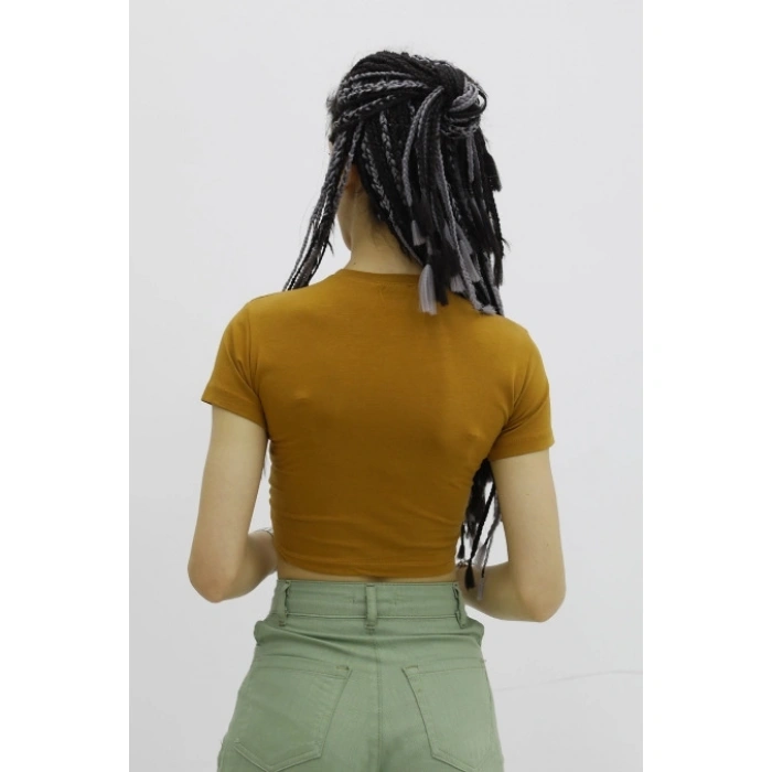 Önü Büzgülü Bisiklet Yaka Tshirt Taba - P-019963