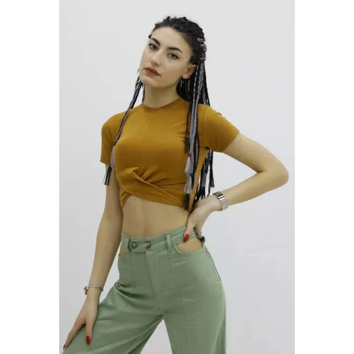 Önü Büzgülü Bisiklet Yaka Tshirt Taba - P-019963