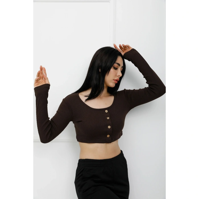 Düğmeli Mini Crop Bady Kahve - P-020494