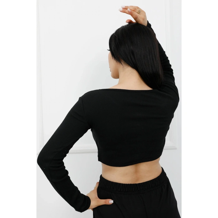 Düğmeli Mini Crop Bady Siyah - P-020494