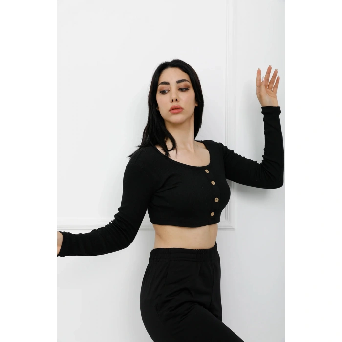 Düğmeli Mini Crop Bady Siyah - P-020494