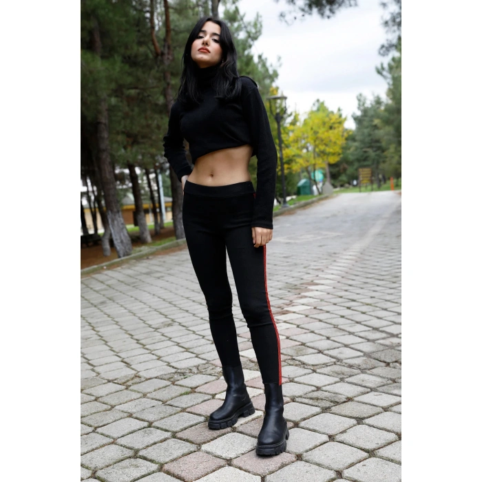 Yan Çift Şeritli Ribana Tayt Siyah - P-020258