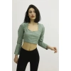 Sırt Lastikli Dekolteli Deri Bluz Yeşil - P-019690