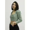 Sırt Lastikli Dekolteli Deri Bluz Yeşil - P-019690