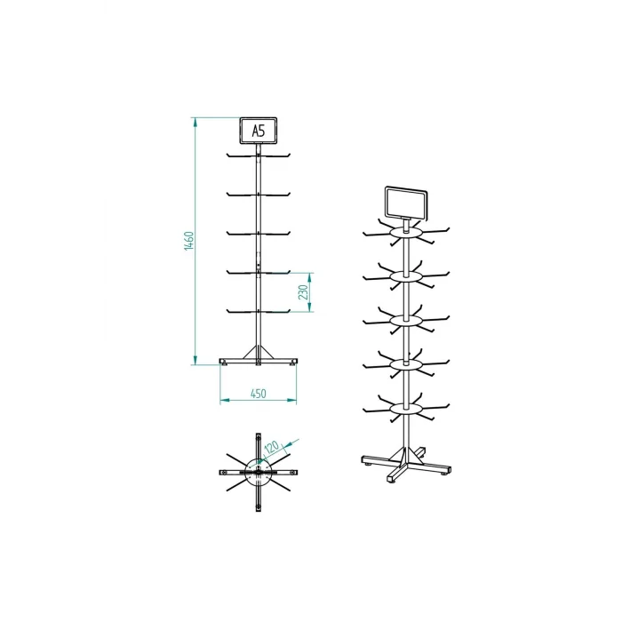 Eczane Ayaklı Teşhir Standı – 5 Katlı, Kancalı, Beyaz Metal