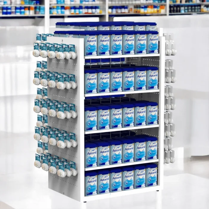 Eczane Çift Taraflı Metal Stand – Raflı & Kancalı Modül Seti