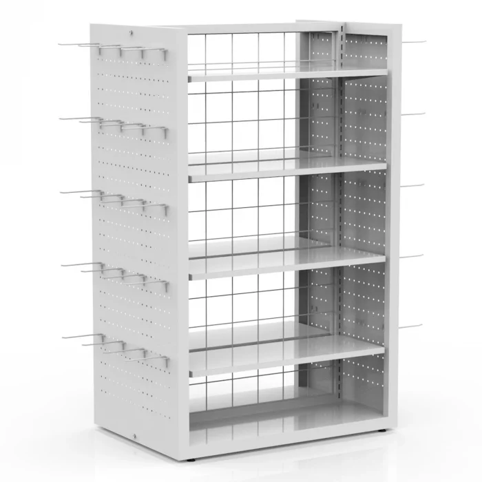 Eczane Çift Taraflı Metal Stand – Raflı & Kancalı Modül Seti