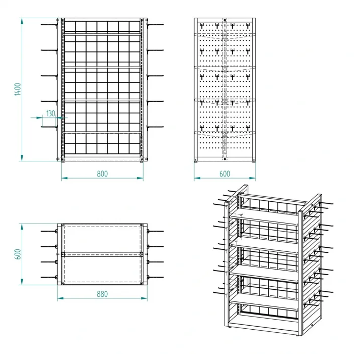 Eczane Çift Taraflı Metal Stand – Raflı & Kancalı Modül Seti