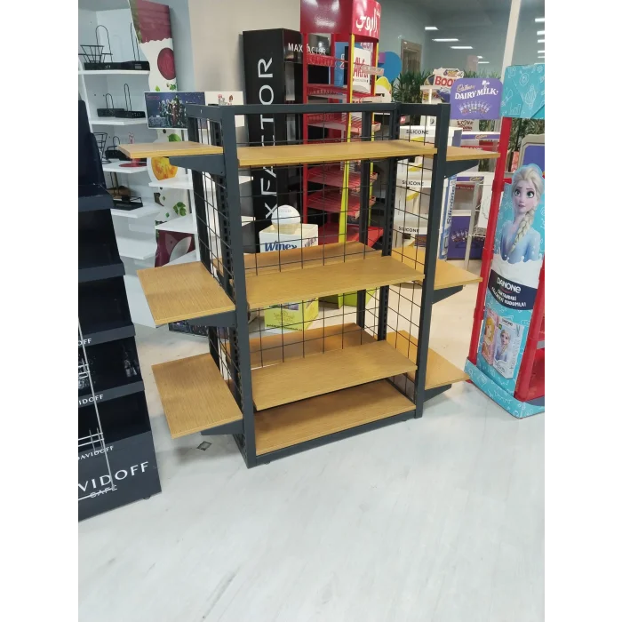 Eczane Çift Taraflı Siyah Metal Stand – Bambu Raflı 80x60