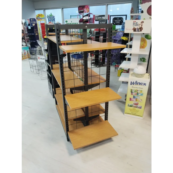 Eczane Çift Taraflı Siyah Metal Stand – Bambu Raflı 80x60
