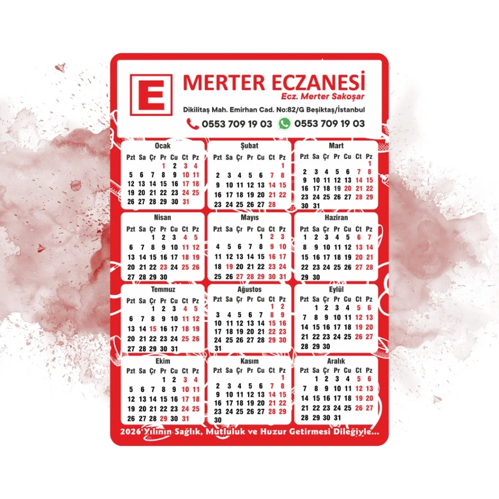 14x10 cm Eczanenize Özel 2026 Takvimli Magnet 1000 adet Kırmızı