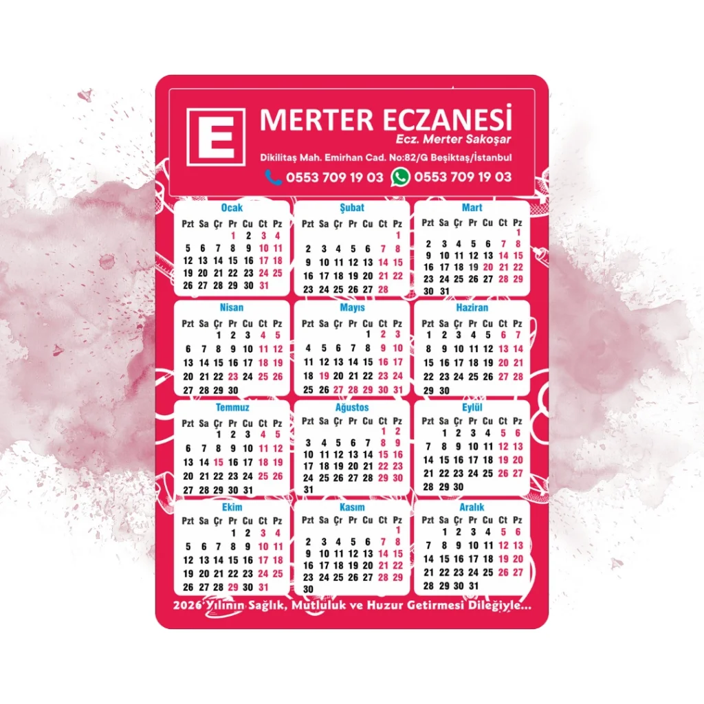 14x10 cm Eczanenize Özel 2026 Takvimli Magnet 1000 adet Neon Kırmızısı