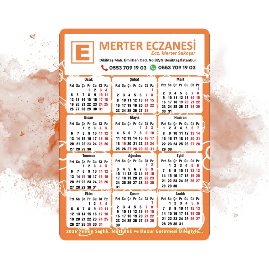 14x10 cm Eczanenize Özel 2026 Takvimli Magnet 1000 adet Sonbahar Turuncusu