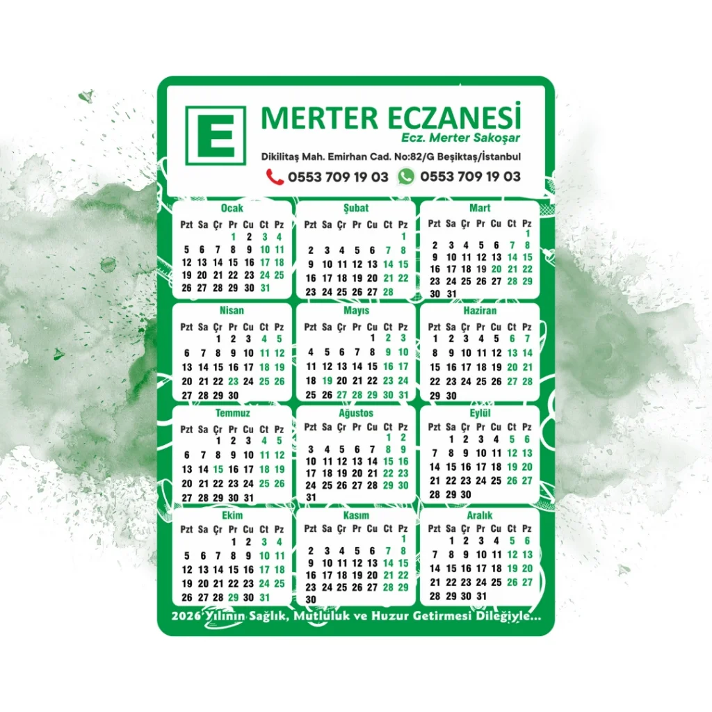 14x10 cm Eczanenize Özel 2026 Takvimli Magnet 1000 adet Yeşil